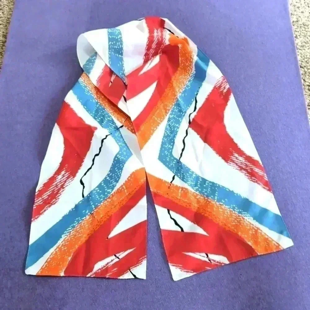Vintage White scarf with blue red orange design 9x53 in